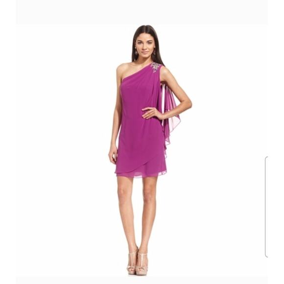 JS BOUTIQUE Embellished One Shoulder Chiffon Dress Fushia - Picture 1 of 9
